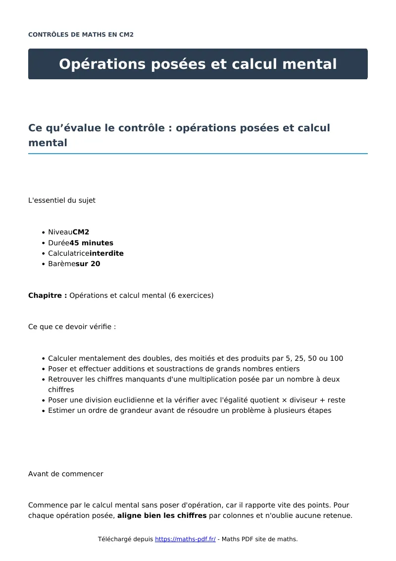 Opérations posées et calcul mental : contrôle de maths en CM2 corrigé en PDF