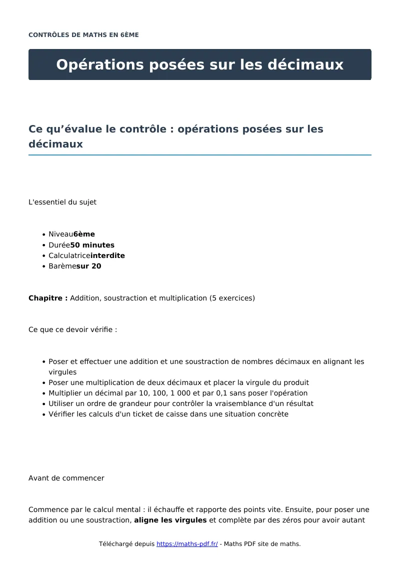 Opérations posées sur les décimaux : contrôle de maths en 6ème corrigé en PDF