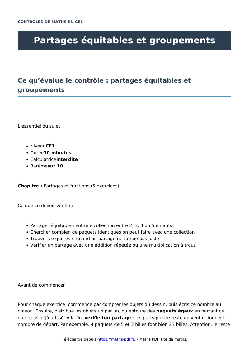Partages équitables et groupements : contrôle de maths en CE1 corrigé en PDF