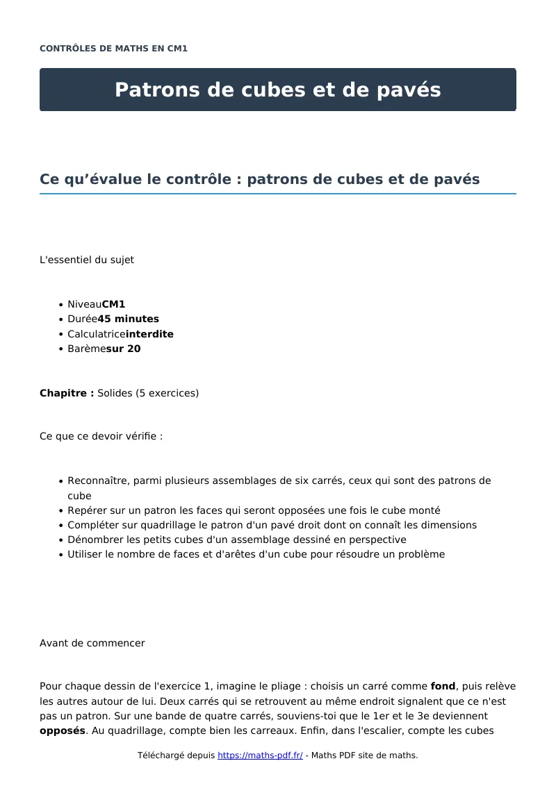 Patrons de cubes et de pavés : contrôle de maths en CM1 corrigé en PDF
