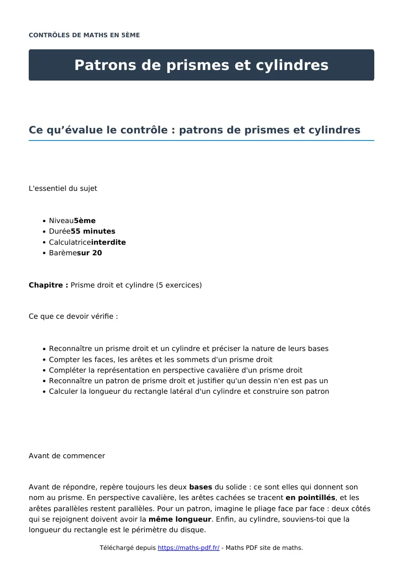 Patrons de prismes et cylindres : contrôle de maths en 5ème corrigé en PDF