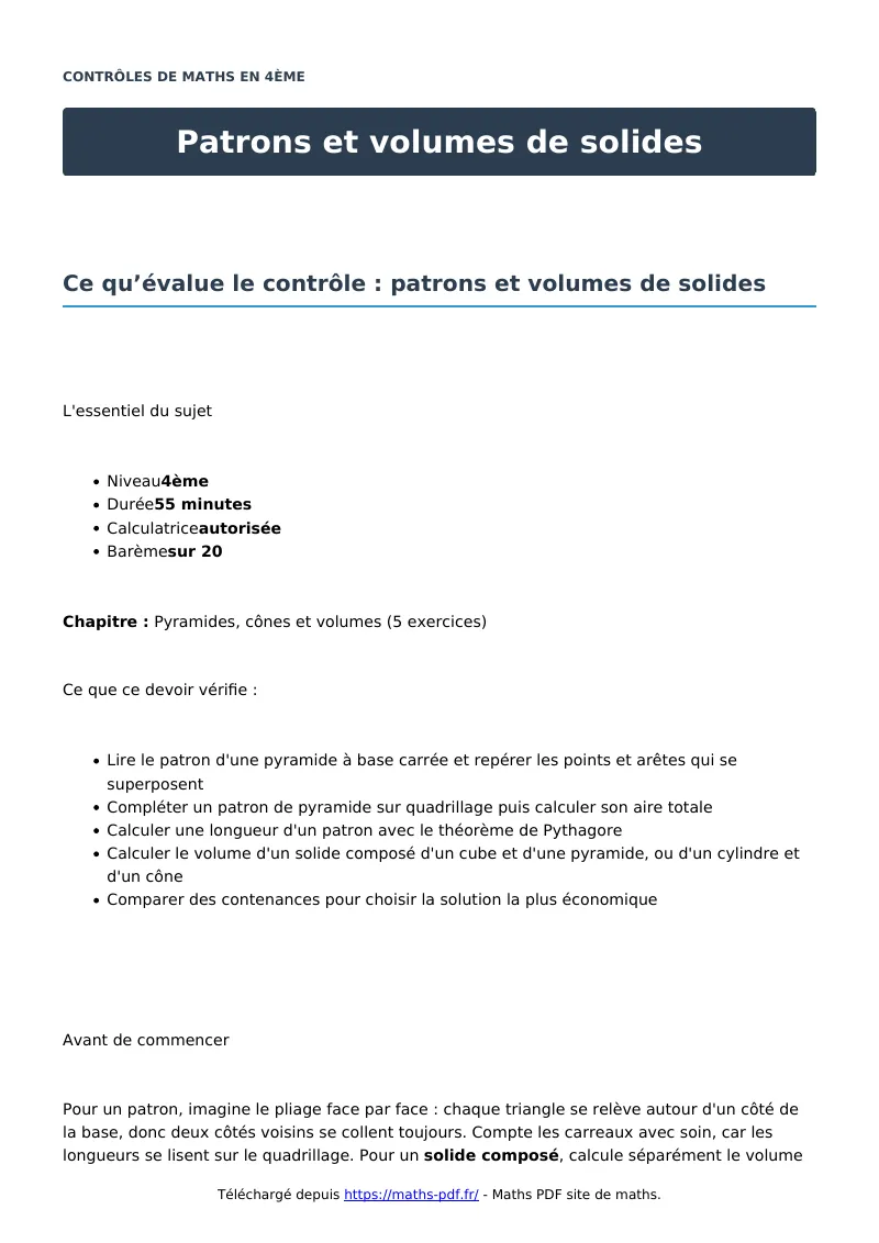 Patrons et volumes de solides : contrôle de maths en 4ème corrigé en PDF