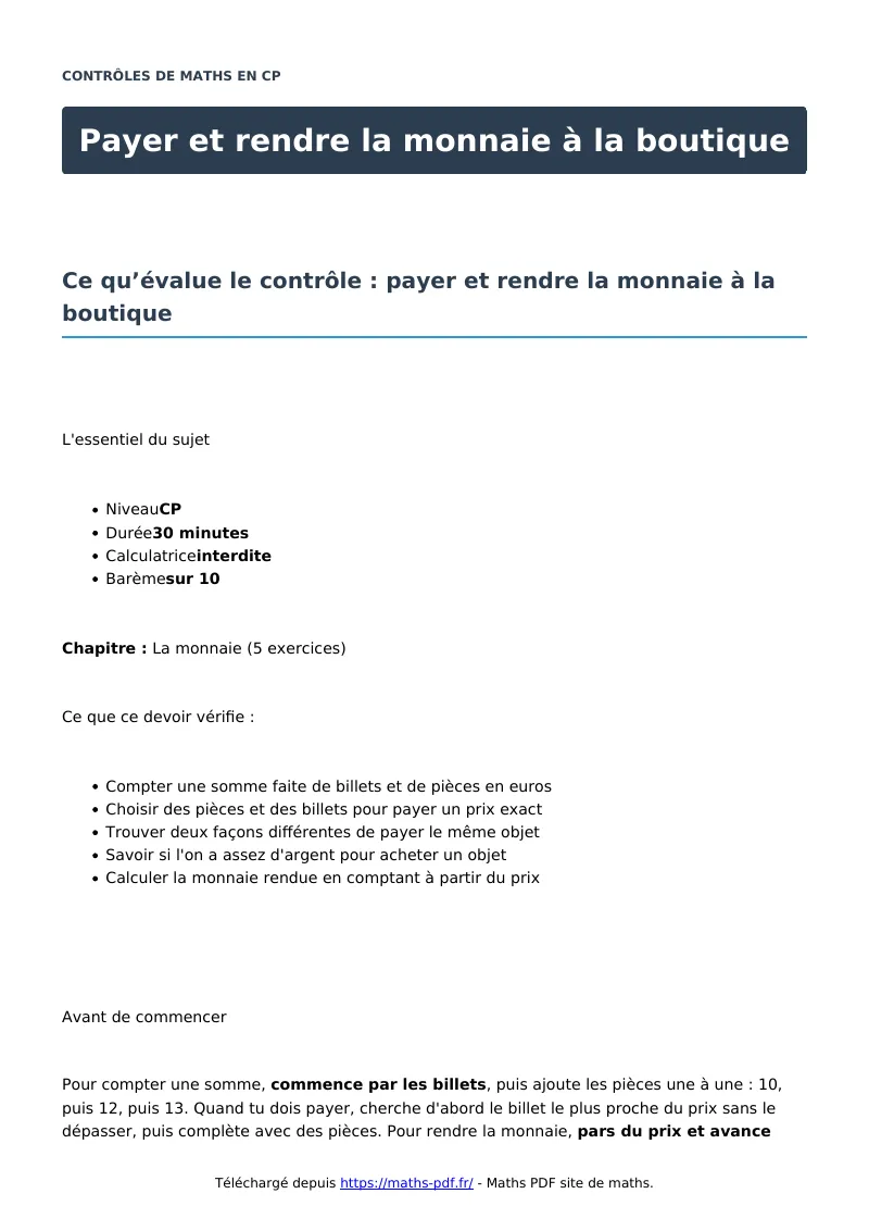 Payer et rendre la monnaie à la boutique : contrôle de maths en CP corrigé en PDF