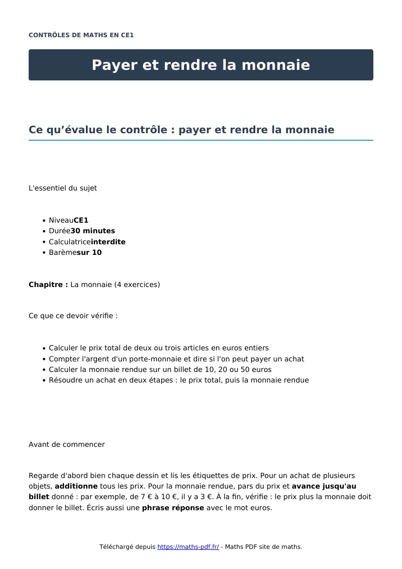 Payer et rendre la monnaie : contrôle de maths en CE1 corrigé en PDF