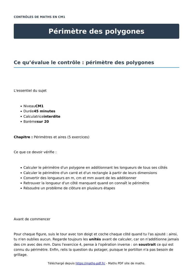 Périmètre des polygones : contrôle de maths en CM1 corrigé en PDF