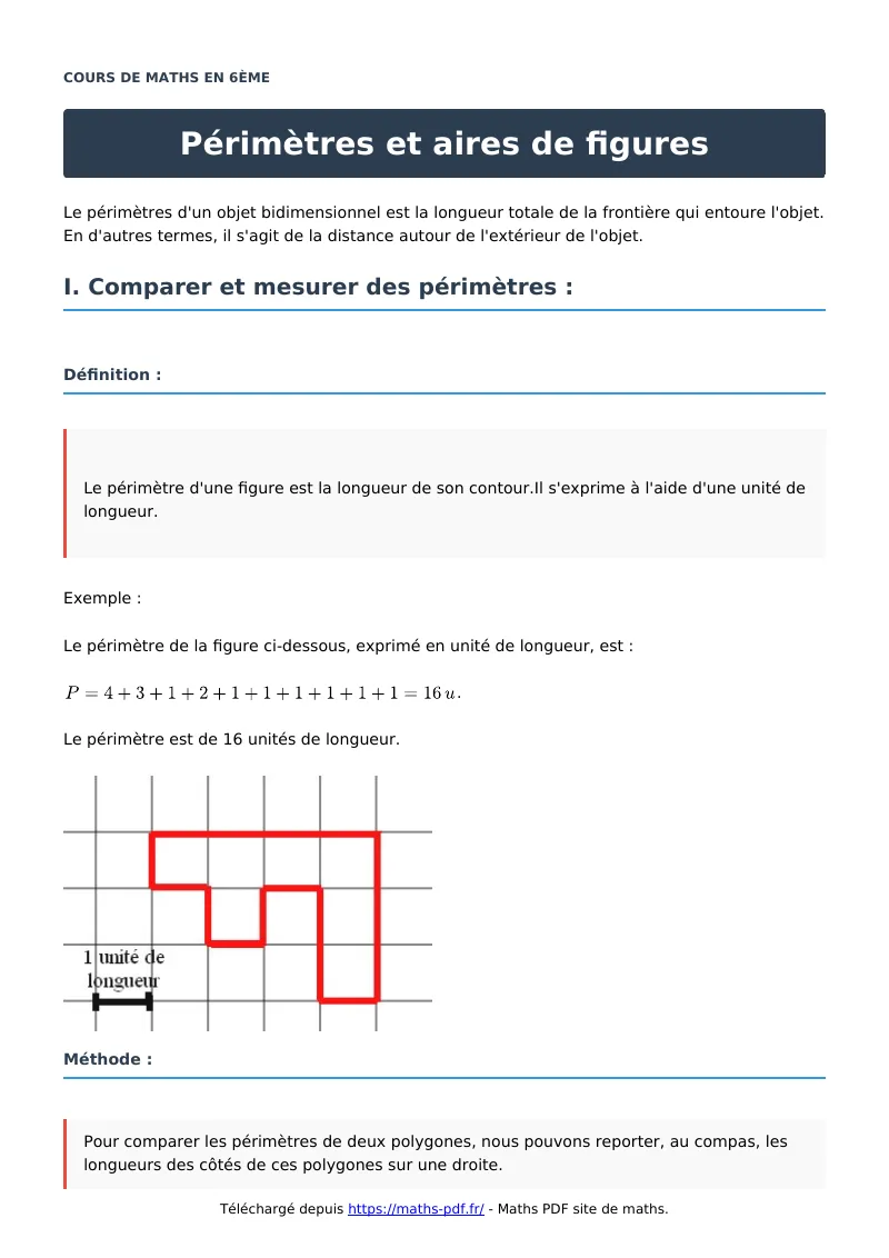 Périmètres et aires de figures : cours de maths en 6ème en PDF
