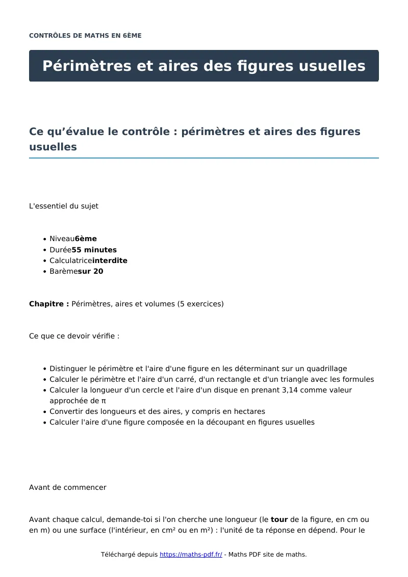 Périmètres et aires des figures usuelles : contrôle de maths en 6ème corrigé en PDF