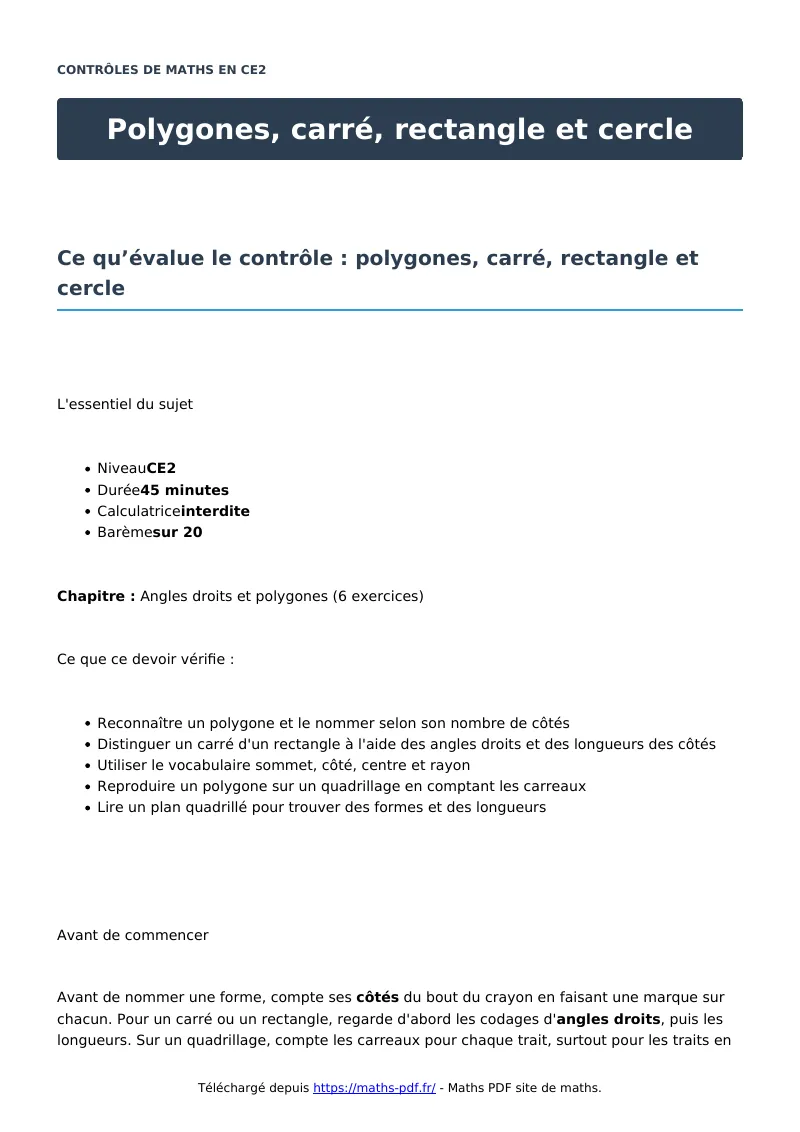 Polygones, carré, rectangle et cercle : contrôle de maths en CE2 corrigé en PDF