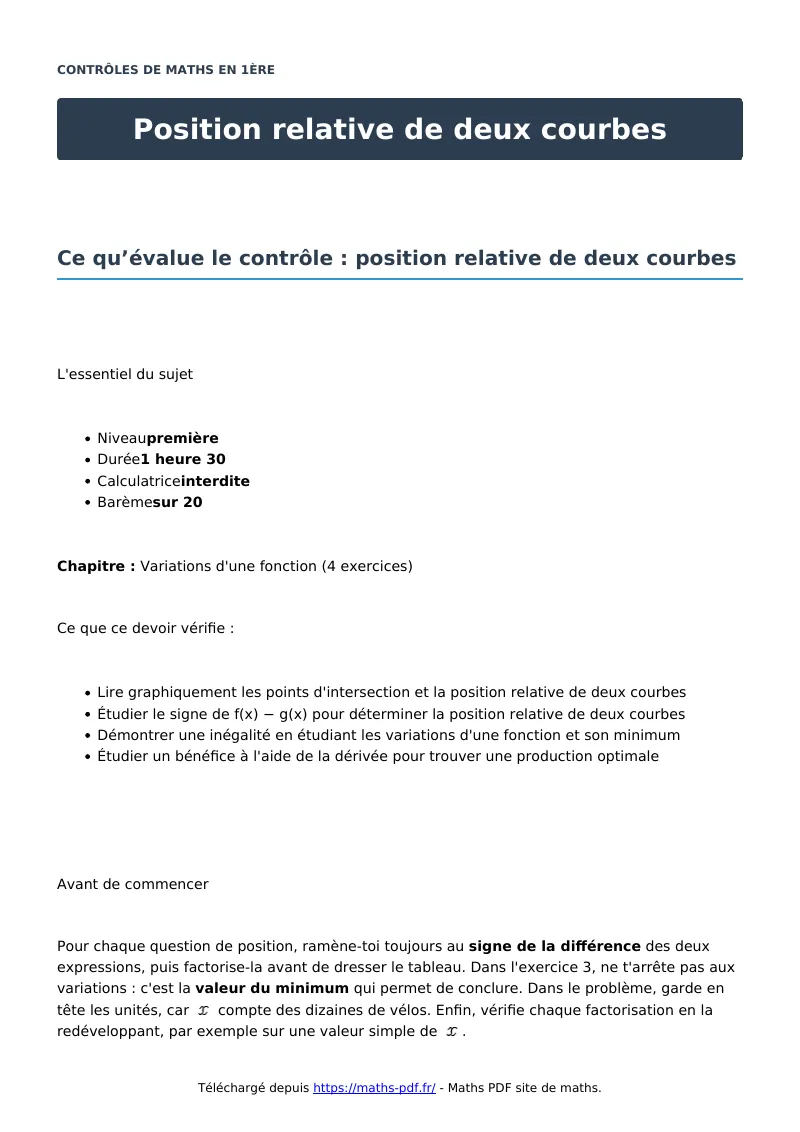 Position relative de deux courbes : contrôle de maths en première corrigé en PDF