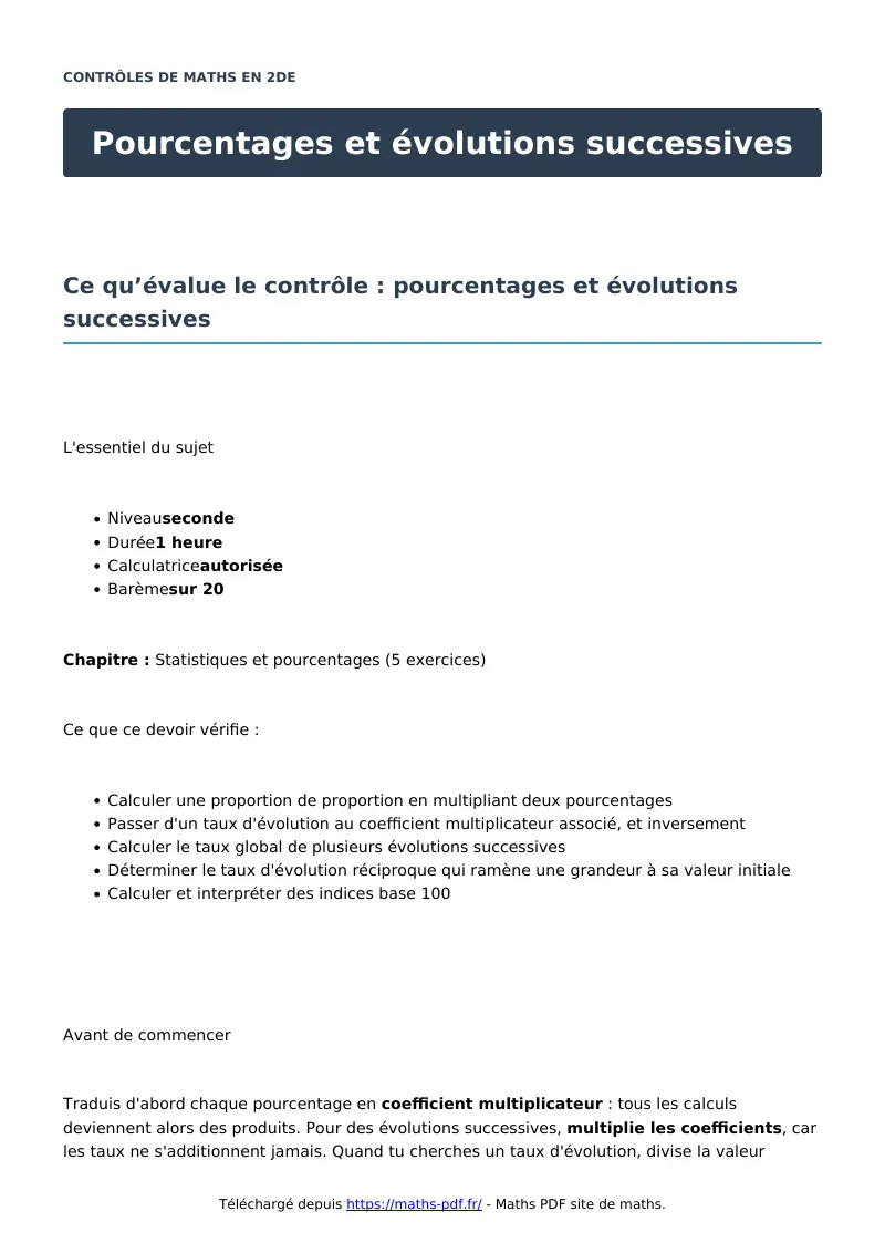 Pourcentages et évolutions successives : contrôle de maths en seconde corrigé en PDF