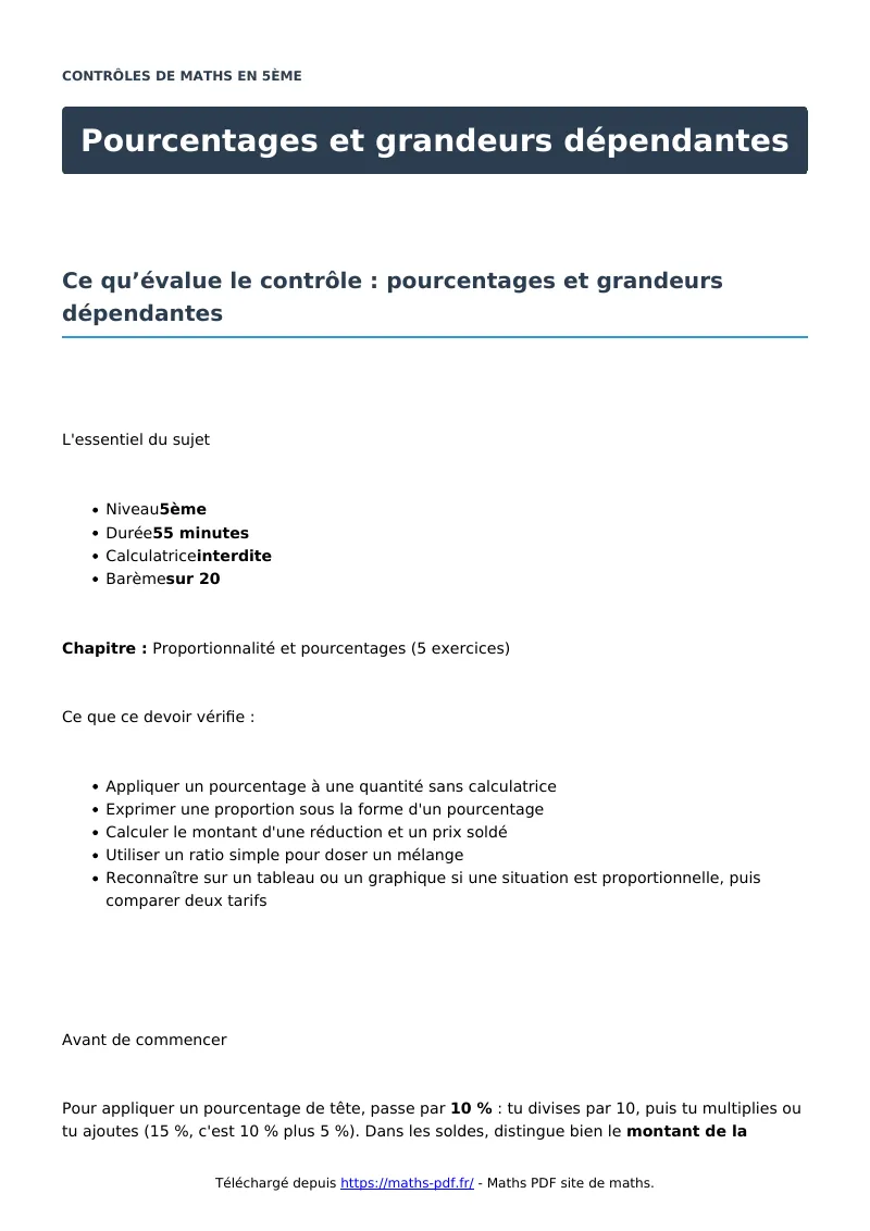 Pourcentages et grandeurs dépendantes : contrôle de maths en 5ème corrigé en PDF