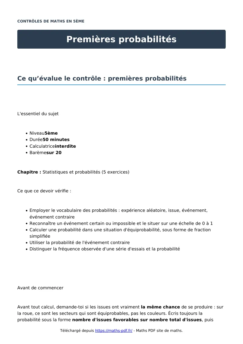 Premières probabilités : contrôle de maths en 5ème corrigé en PDF