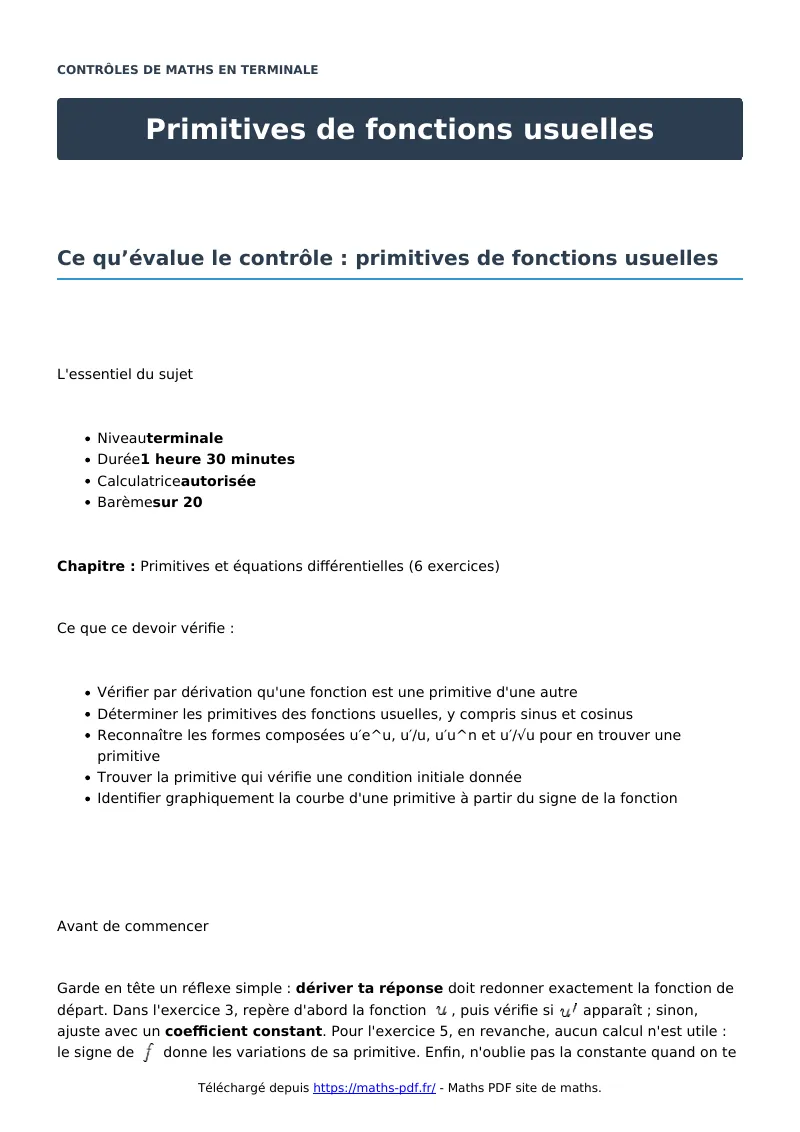 Primitives de fonctions usuelles : contrôle de maths en terminale corrigé en PDF