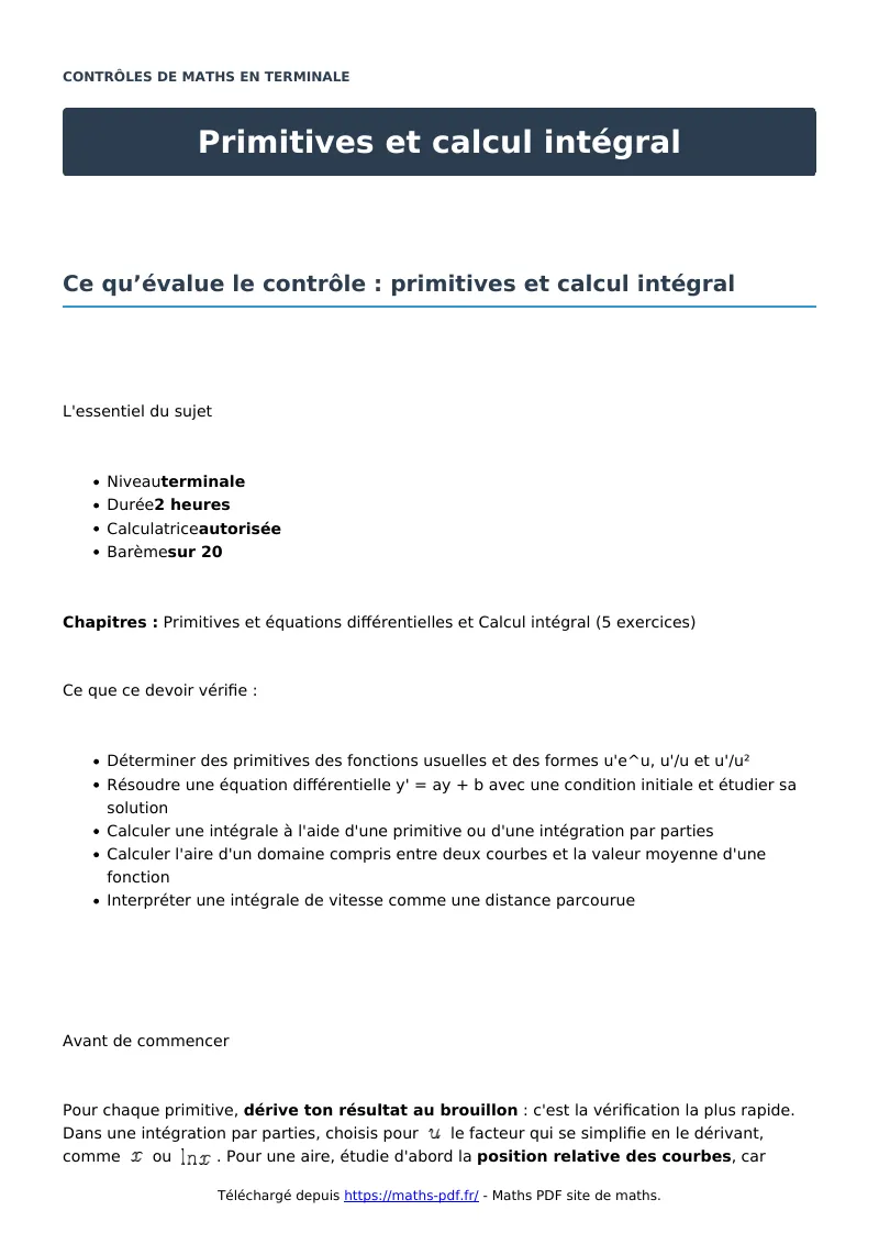 Primitives et calcul intégral : contrôle de maths en terminale corrigé en PDF