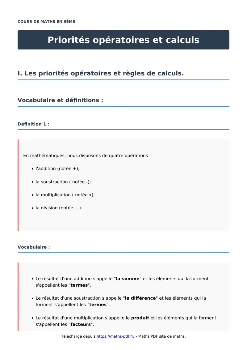 Priorités opératoires et calculs : cours de maths en 5ème en PDF
