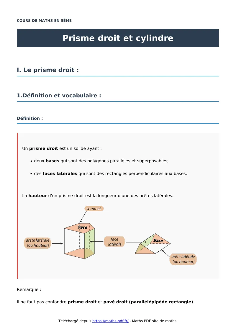 Prisme droit et cylindre : cours de maths en 5ème en PDF