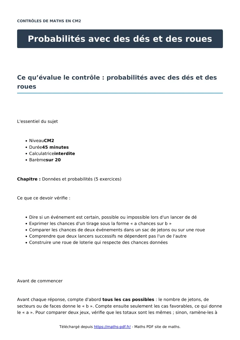 Probabilités avec des dés et des roues : contrôle de maths en CM2 corrigé en PDF