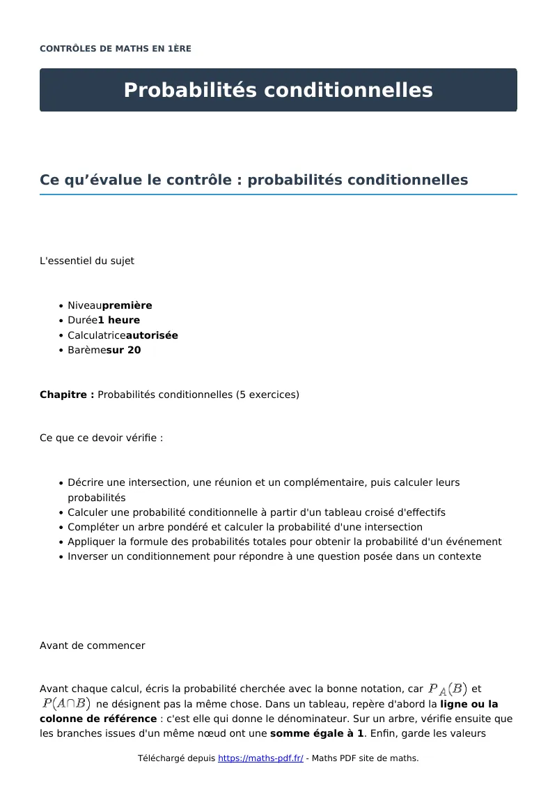 Probabilités conditionnelles : contrôle de maths en première corrigé en PDF
