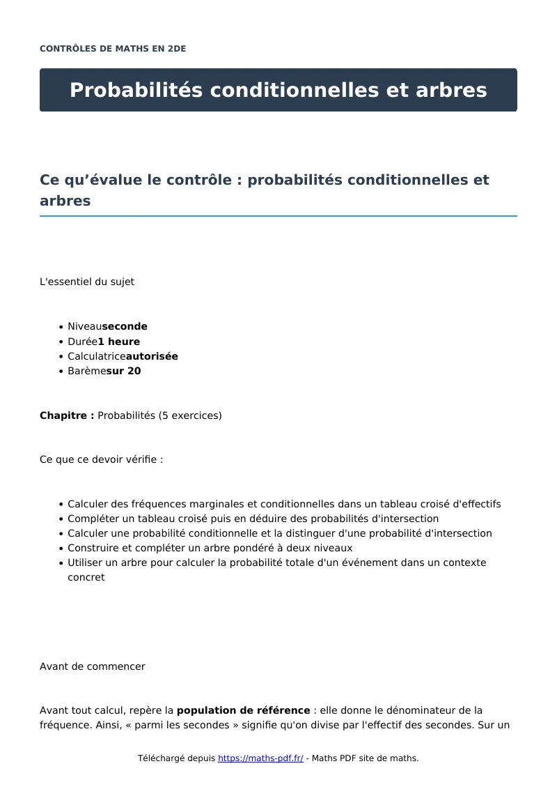 Probabilités conditionnelles et arbres : contrôle de maths en seconde corrigé en PDF