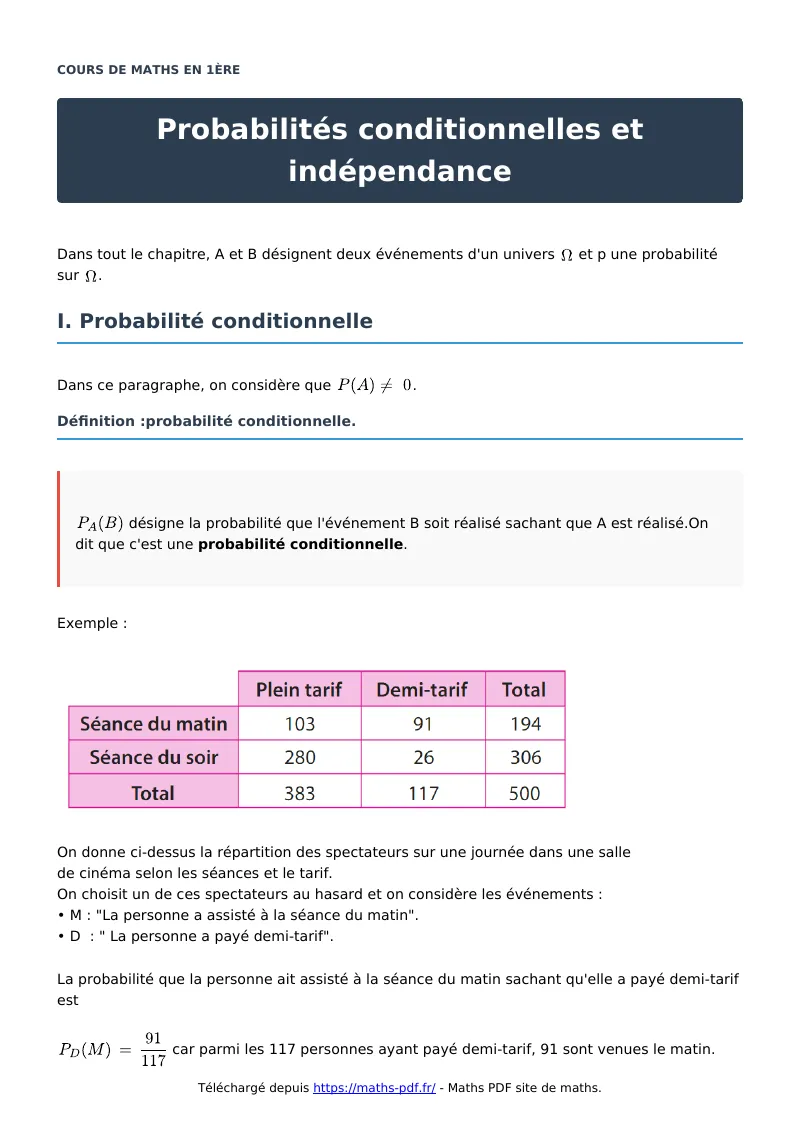 Probabilités conditionnelles et indépendance : cours de maths en première en PDF