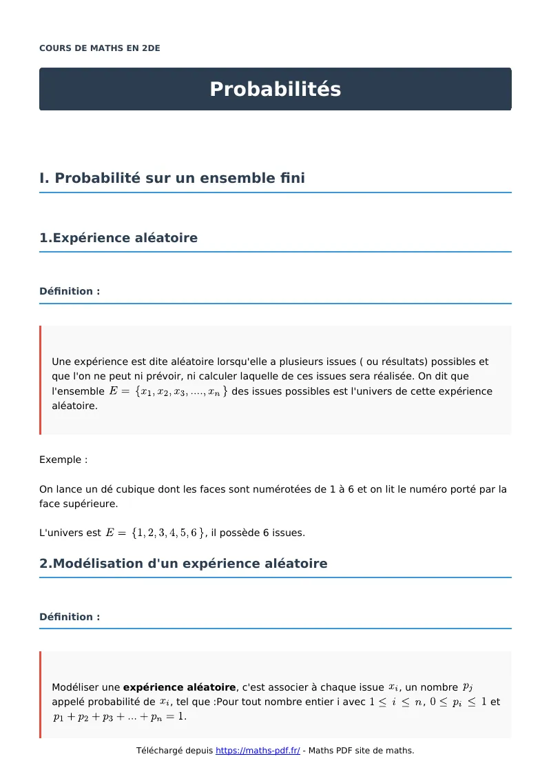 Probabilités : cours de maths en seconde en PDF