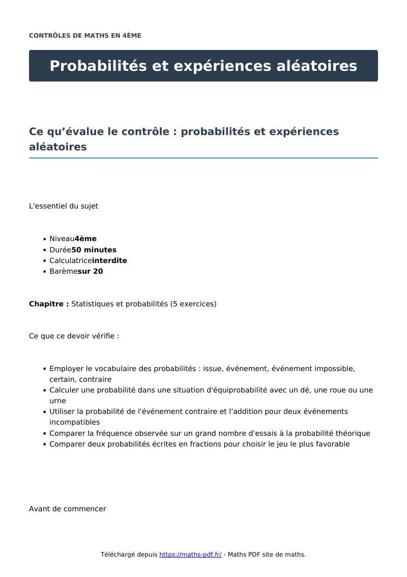Probabilités et expériences aléatoires : contrôle de maths en 4ème corrigé en PDF