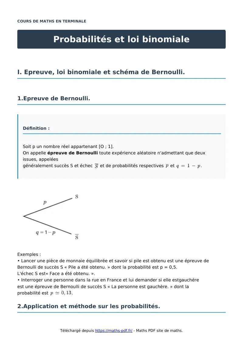 Probabilités et loi binomiale : cours de maths en terminale en PDF