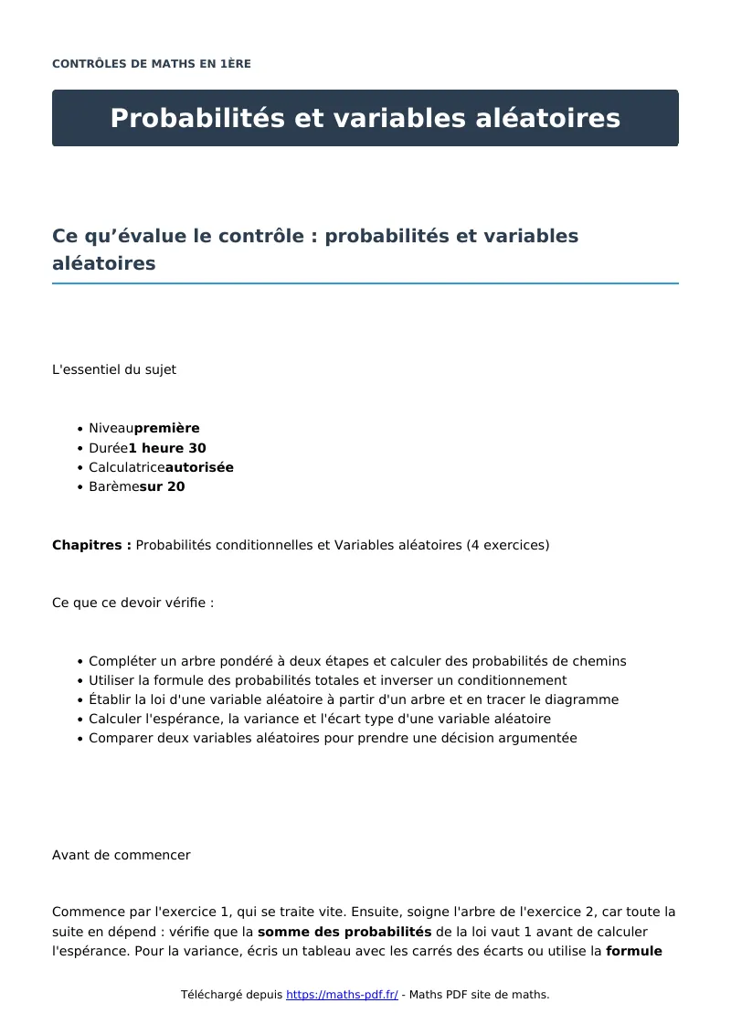 Probabilités et variables aléatoires : contrôle de maths en première corrigé en PDF