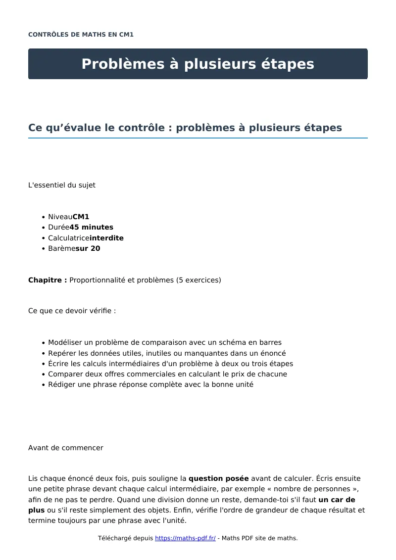 Problèmes à plusieurs étapes : contrôle de maths en CM1 corrigé en PDF