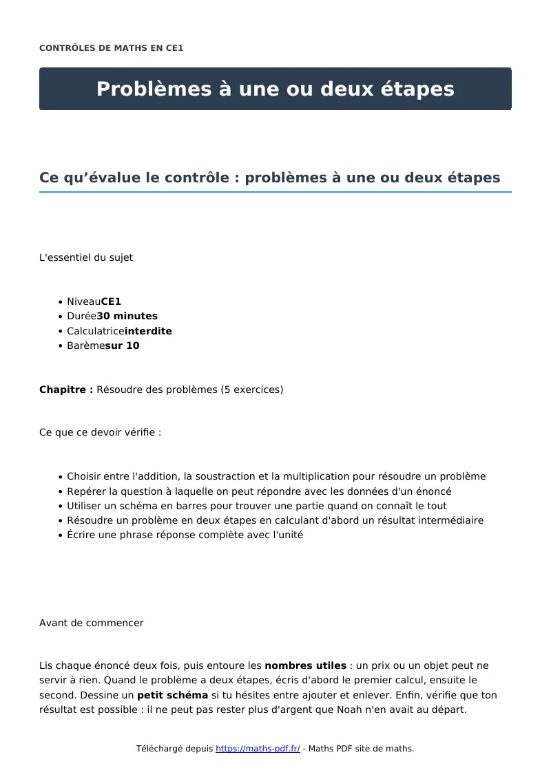 Problèmes à une ou deux étapes : contrôle de maths en CE1 corrigé en PDF