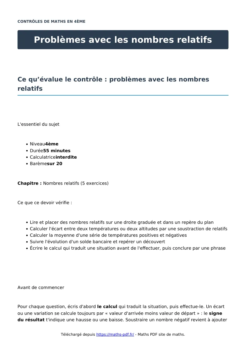Problèmes avec les nombres relatifs : contrôle de maths en 4ème corrigé en PDF