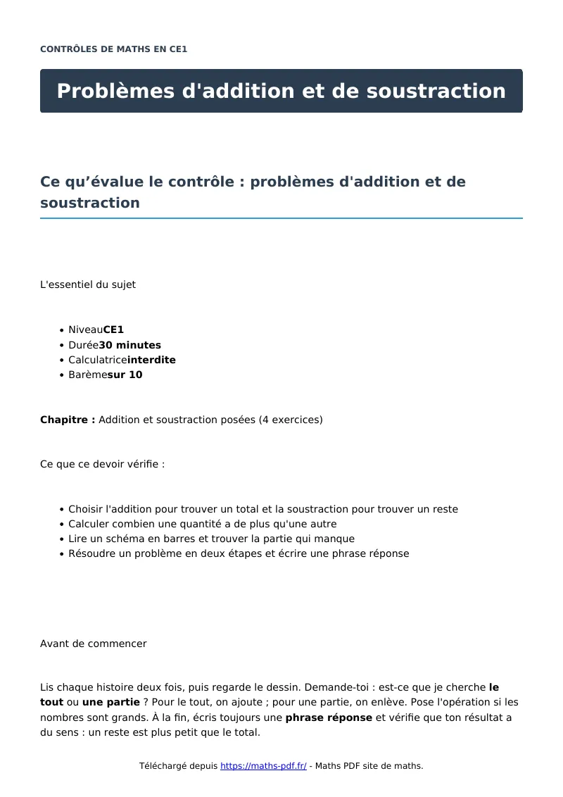 Problèmes d’addition et de soustraction : contrôle de maths en CE1 corrigé en PDF