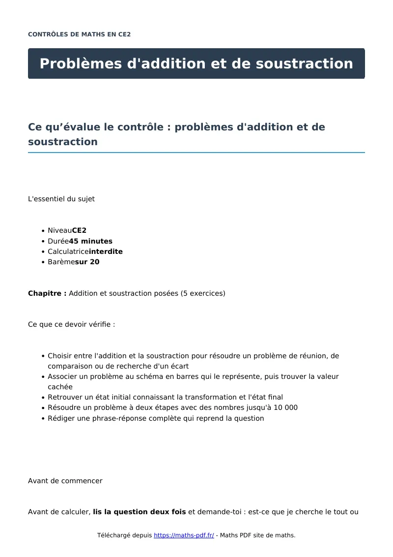 Problèmes d’addition et de soustraction : contrôle de maths en CE2 corrigé en PDF