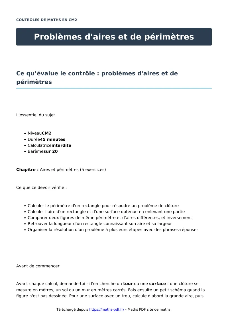 Problèmes d’aires et de périmètres : contrôle de maths en CM2 corrigé en PDF