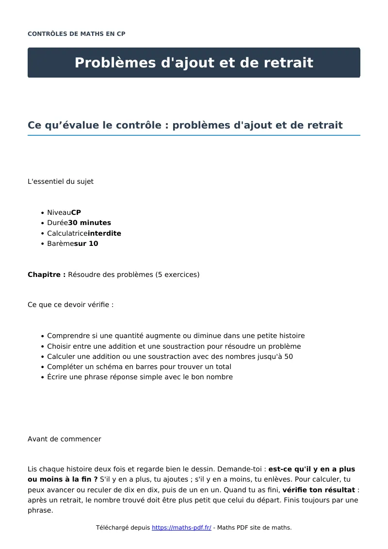 Problèmes d’ajout et de retrait : contrôle de maths en CP corrigé en PDF