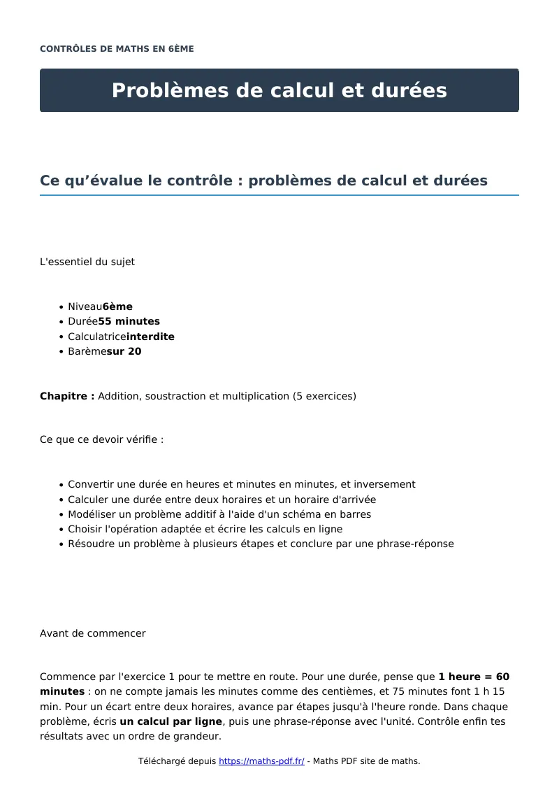 Problèmes de calcul et durées : contrôle de maths en 6ème corrigé en PDF