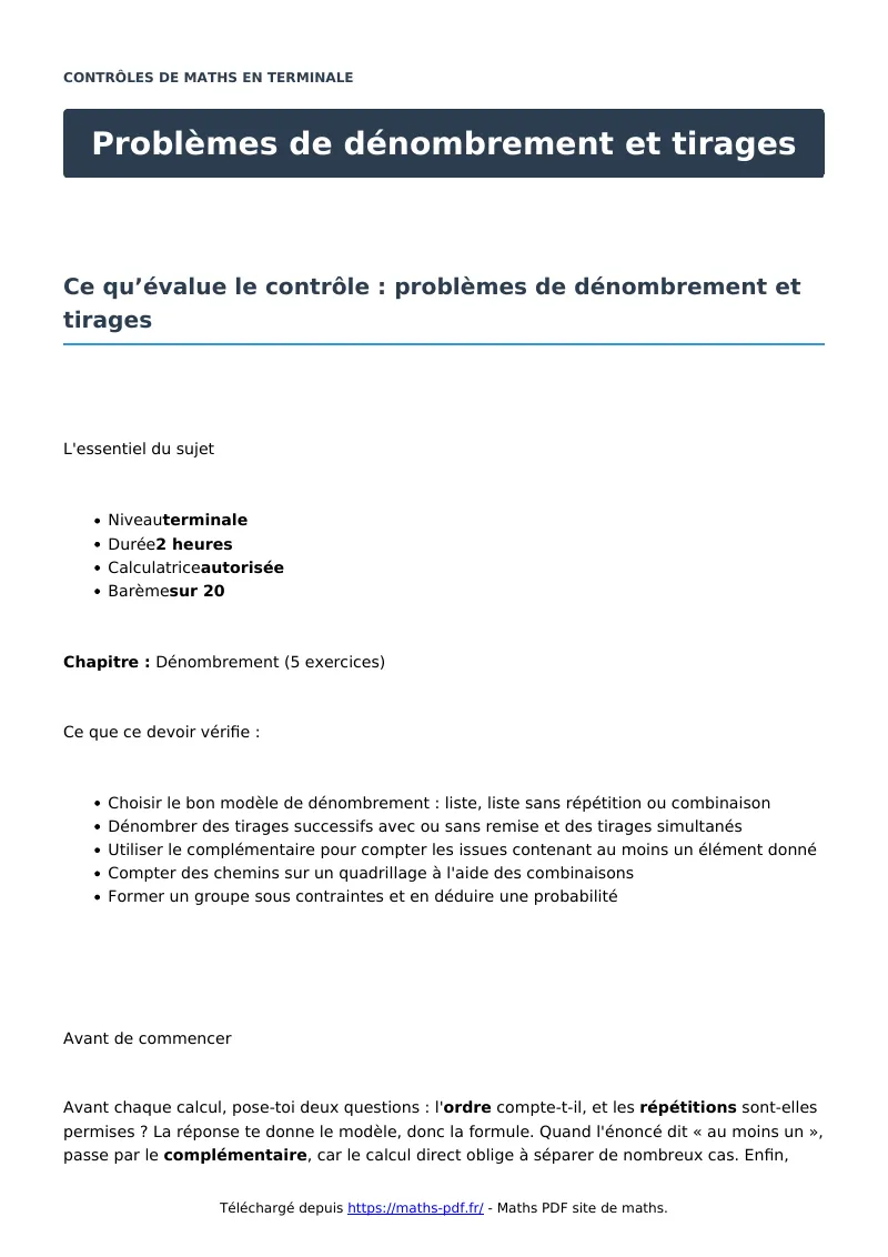 Problèmes de dénombrement et tirages : contrôle de maths en terminale corrigé en PDF