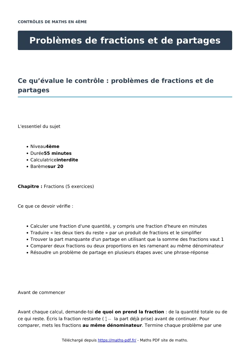 Problèmes de fractions et de partages : contrôle de maths en 4ème corrigé en PDF