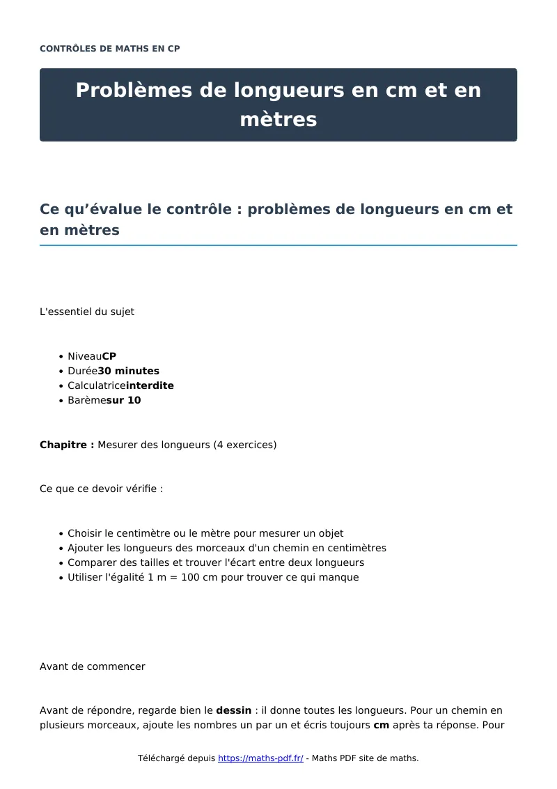 Problèmes de longueurs en cm et en mètres : contrôle de maths en CP corrigé en PDF