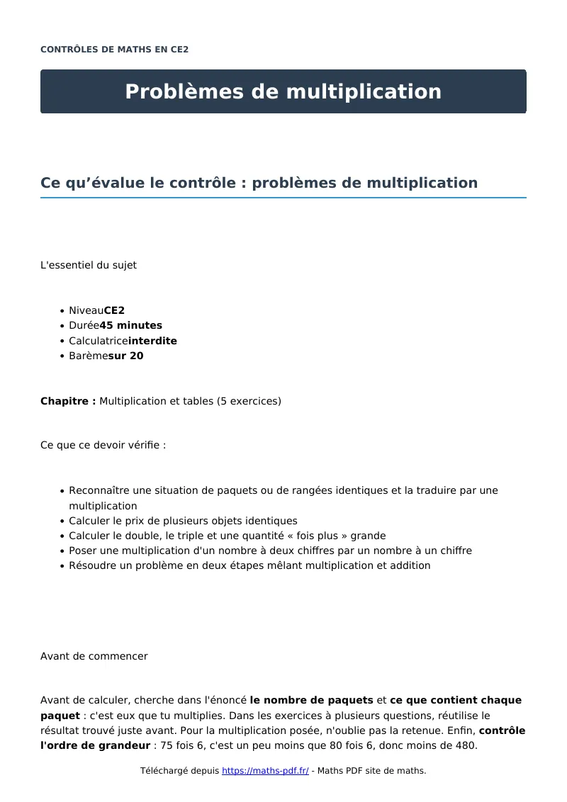 Problèmes de multiplication : contrôle de maths en CE2 corrigé en PDF