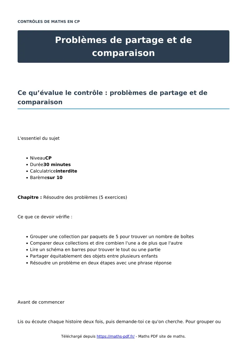 Problèmes de partage et de comparaison : contrôle de maths en CP corrigé en PDF