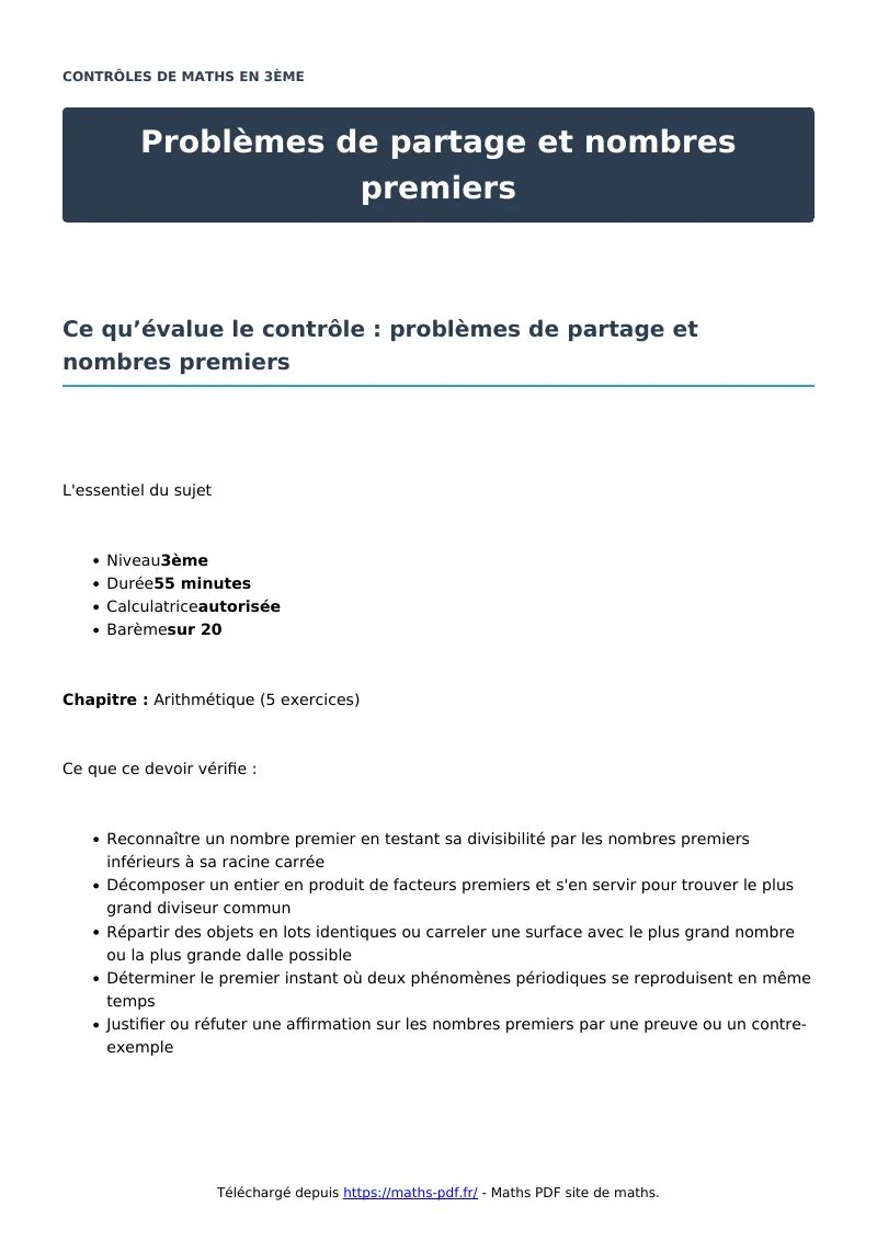 Problèmes de partage et nombres premiers : contrôle de maths en 3ème corrigé en PDF