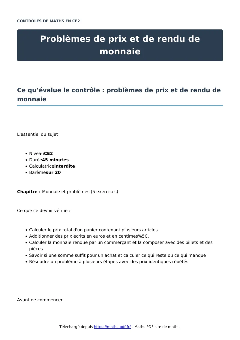 Problèmes de prix et de rendu de monnaie : contrôle de maths en CE2 corrigé en PDF