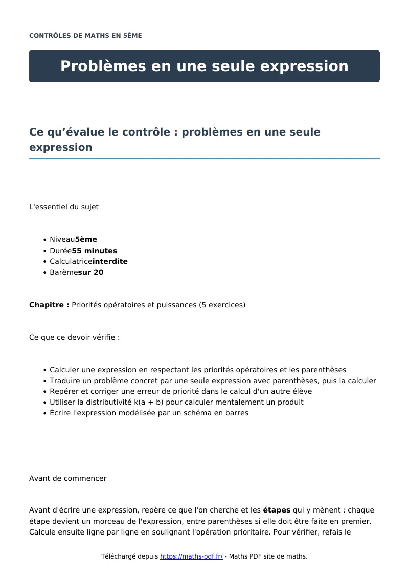 Problèmes en une seule expression : contrôle de maths en 5ème corrigé en PDF