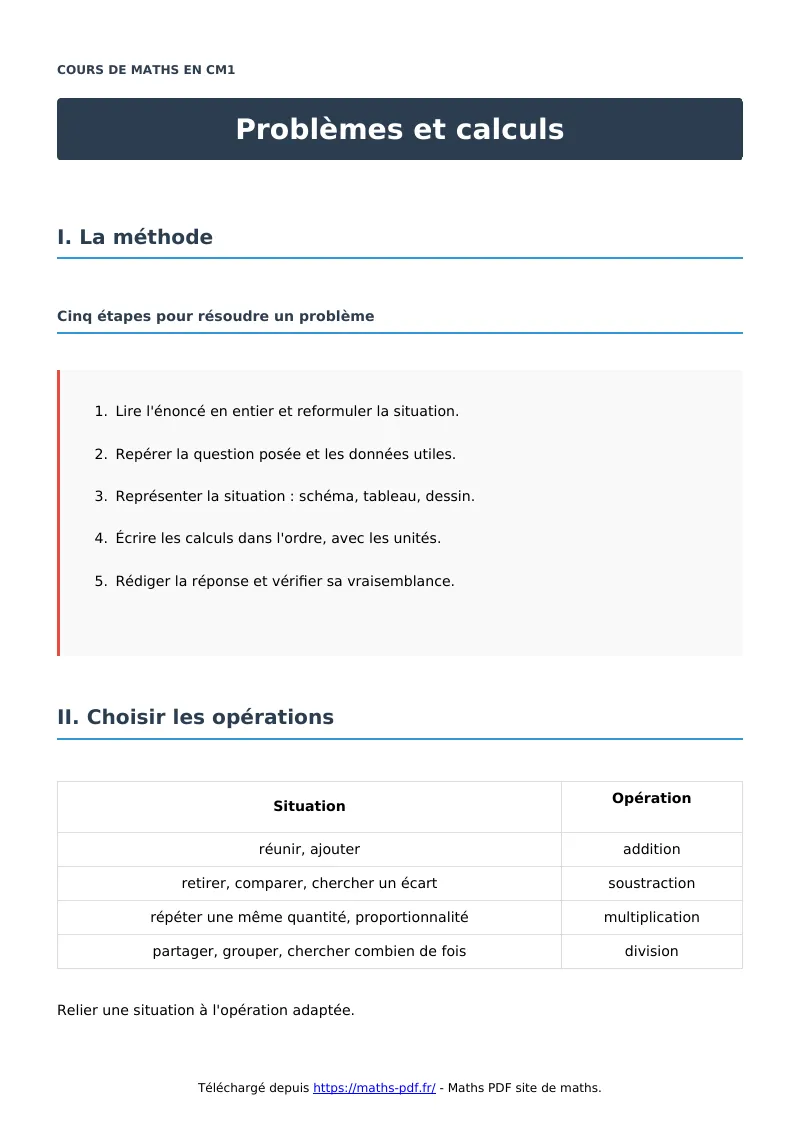 Problèmes et calculs : cours de maths en CM1 en PDF