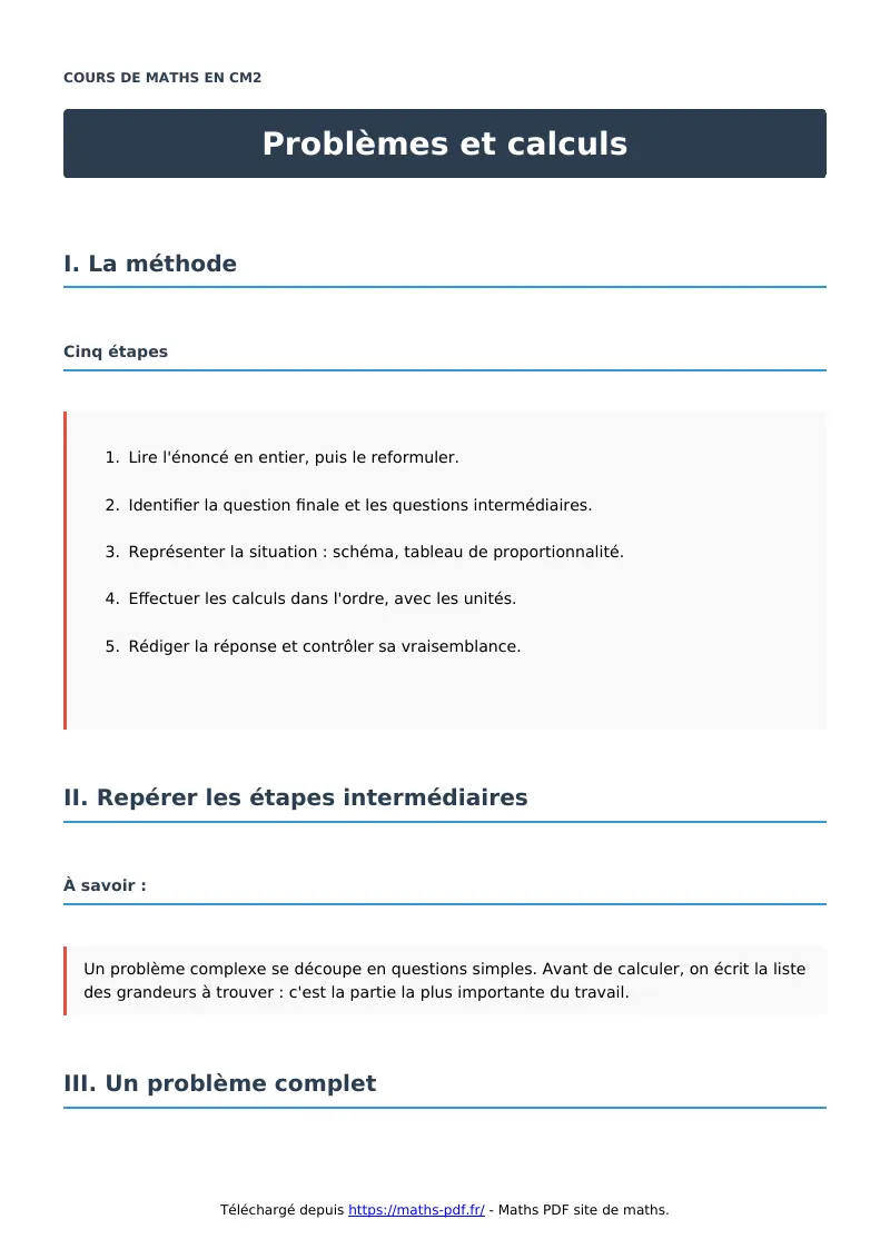 Problèmes et calculs : cours de maths en CM2 en PDF
