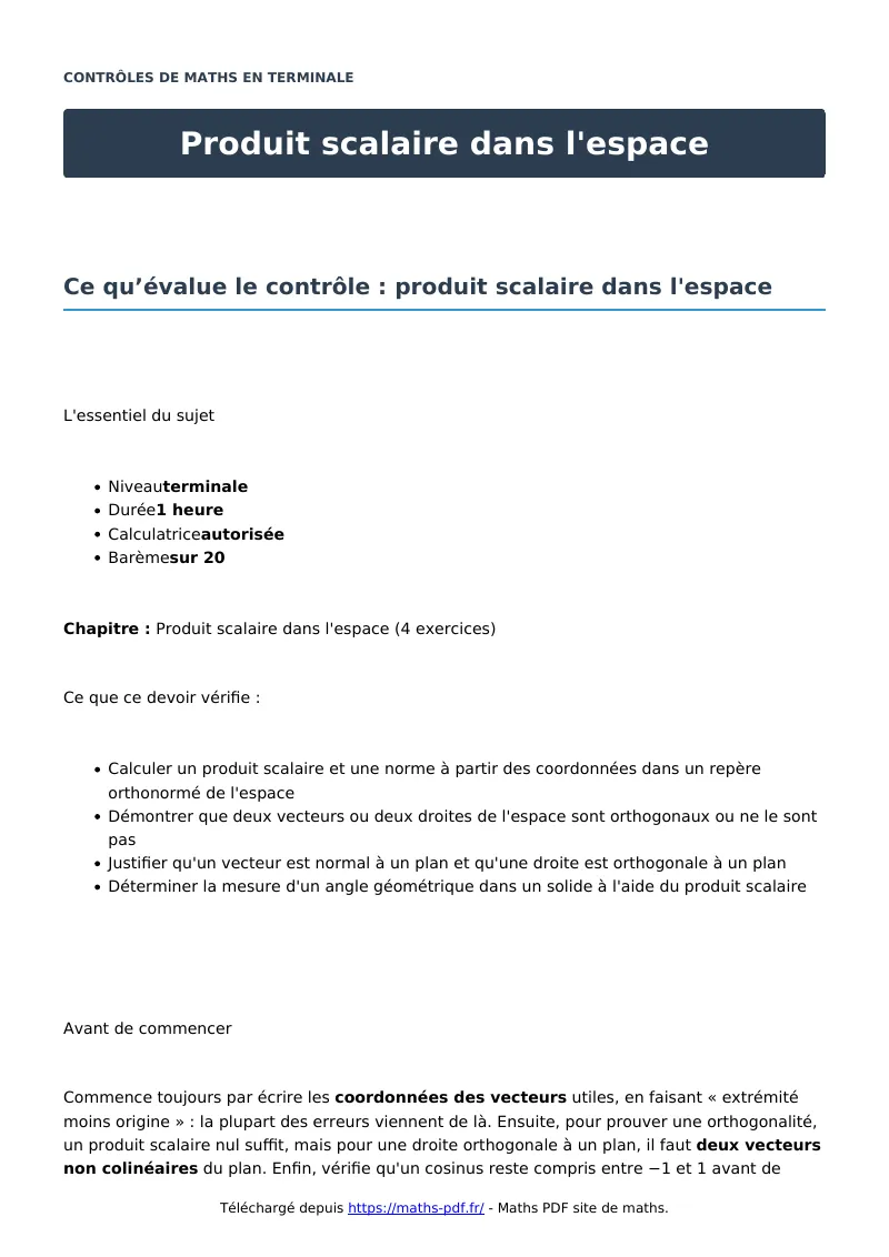 Produit scalaire dans l’espace : contrôle de maths en terminale corrigé en PDF