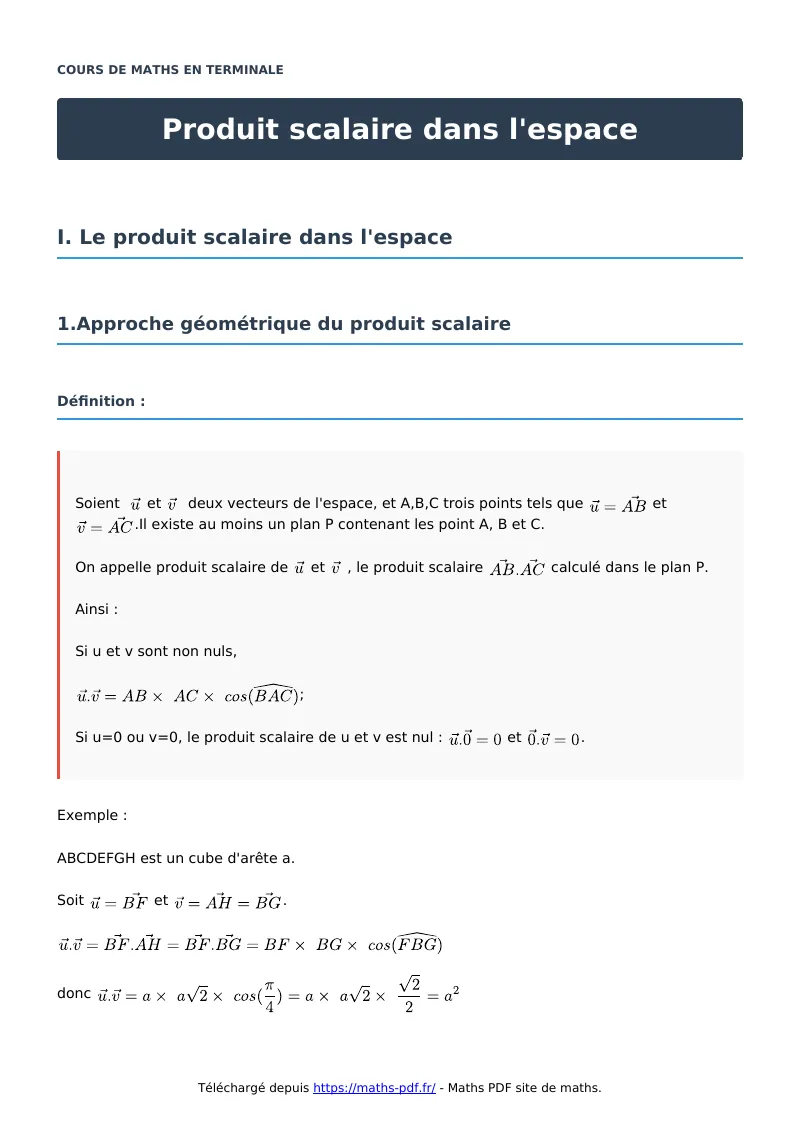 Produit scalaire dans l’espace : cours de maths en terminale en PDF
