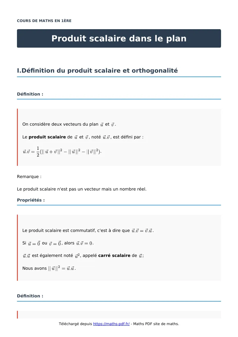 Produit scalaire dans le plan : cours de maths en première en PDF
