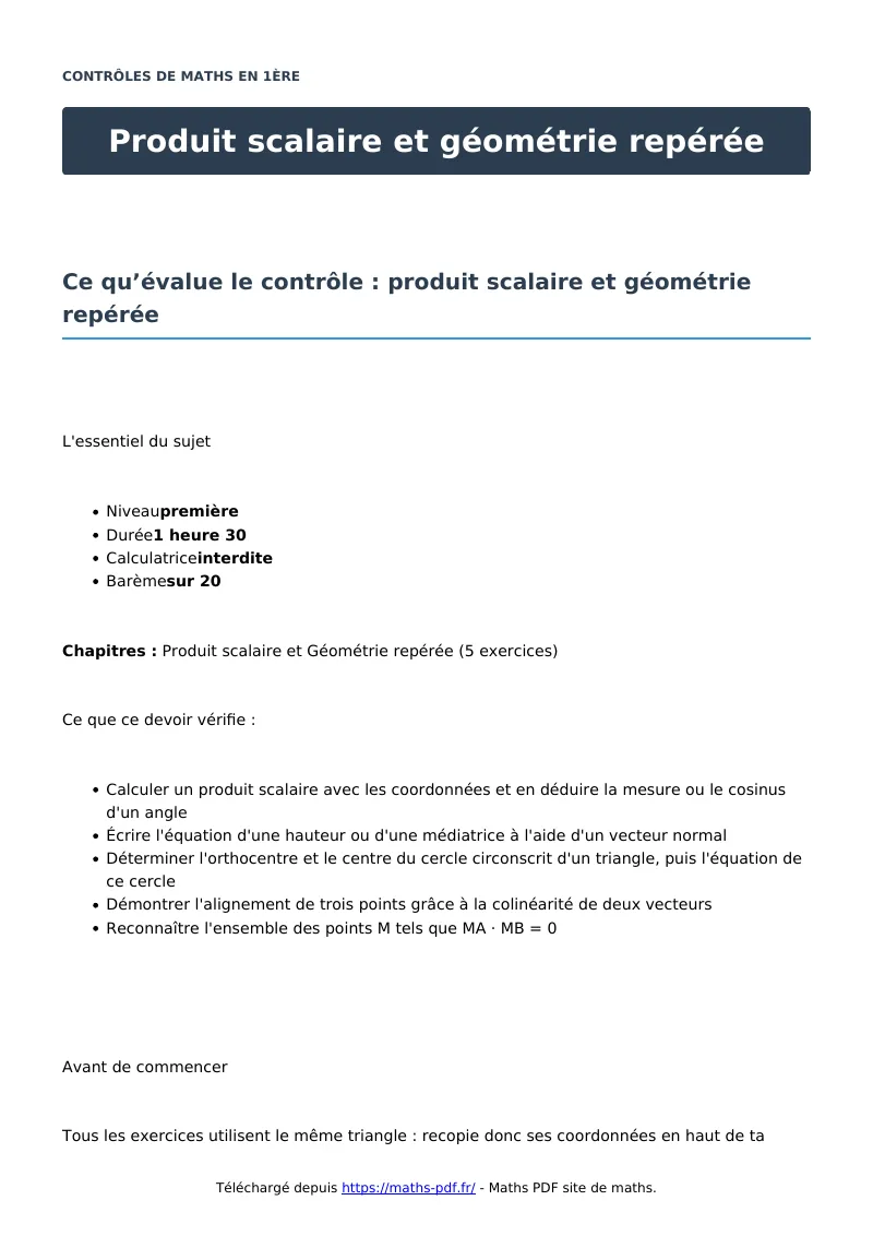 Produit scalaire et géométrie repérée : contrôle de maths en première corrigé en PDF